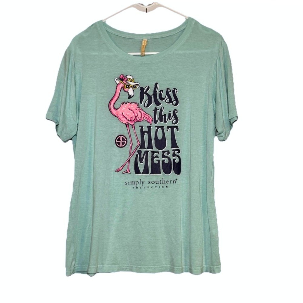 Simply Southern Large Tee Mint Green Flamingo Bless This Hot Mess Graphic Tshirt